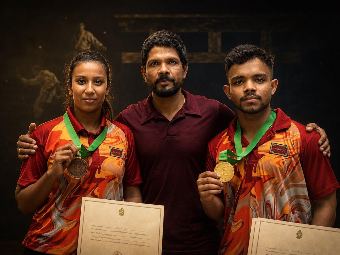Shihan R.J. Edward with two medal-winning athletes holding their certificates