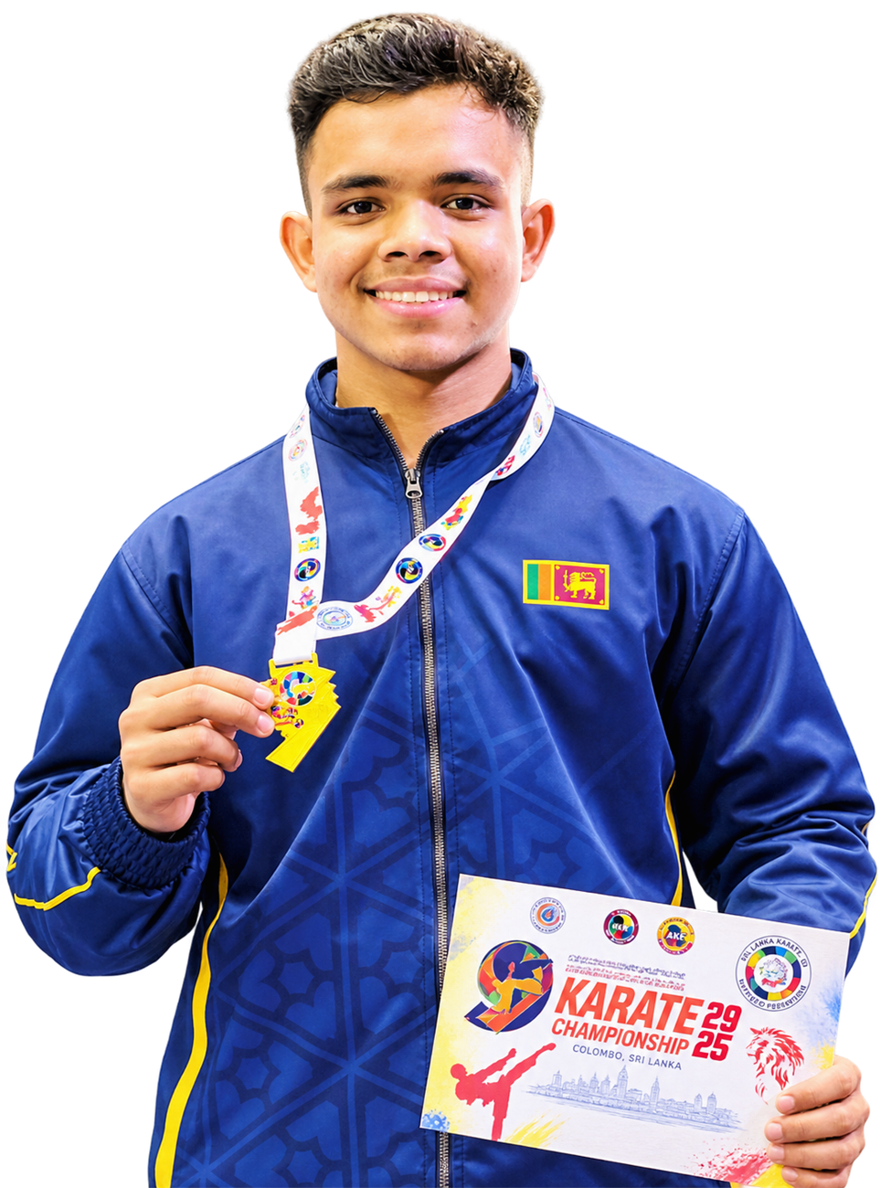Edward Brion holding his gold medal and championship certificate