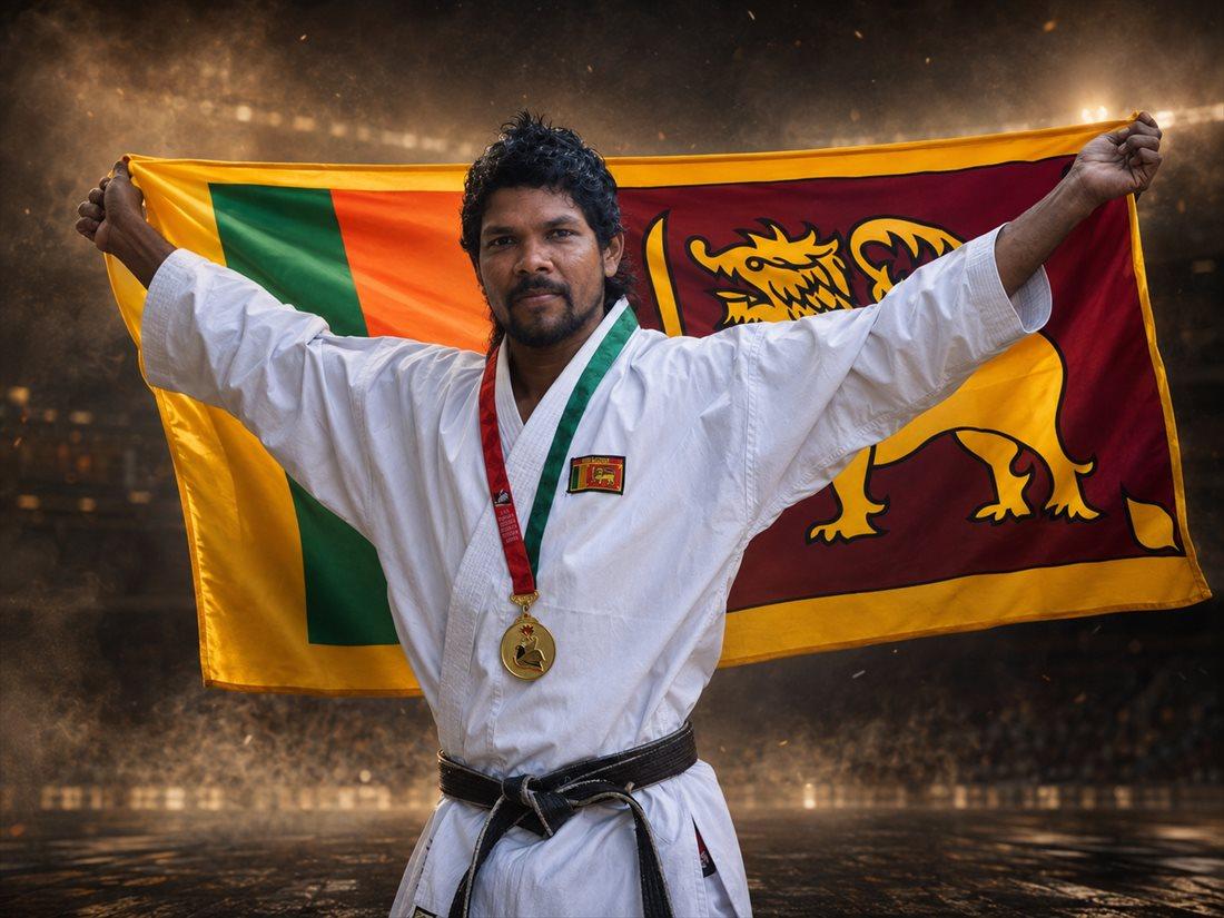 Shihan R.J. Edward holding the Sri Lankan flag aloft with his gold medal