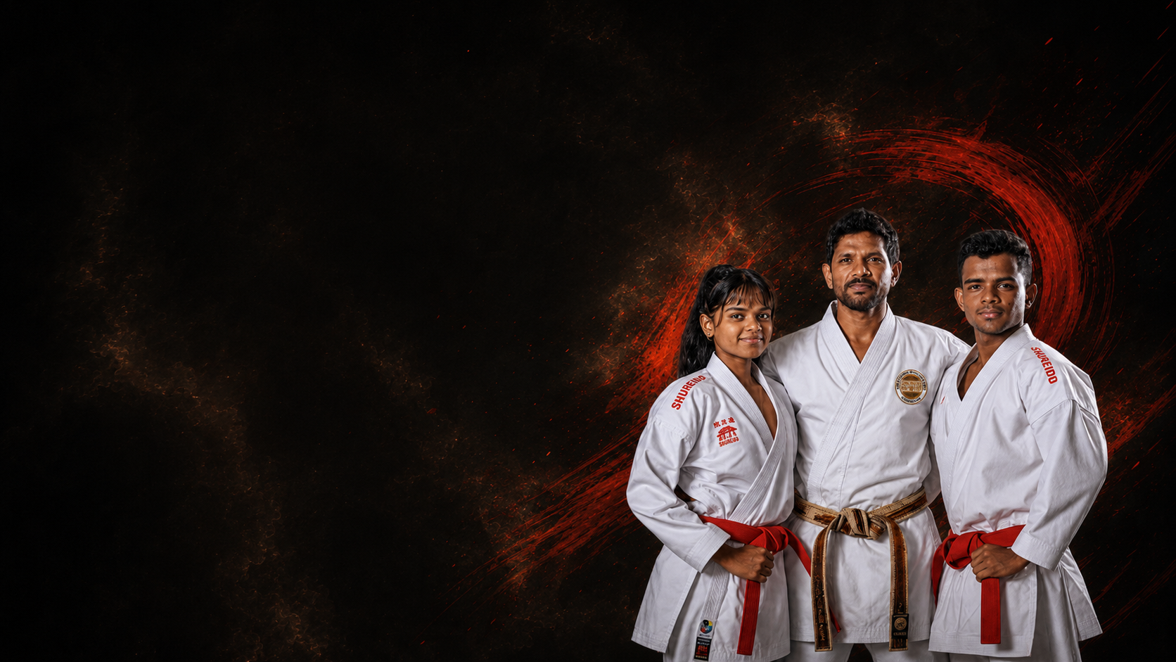 R.J. Edward standing with two karate athletes