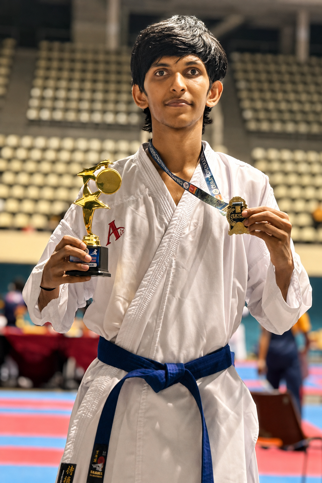 Karate medallist holding a trophy and medal