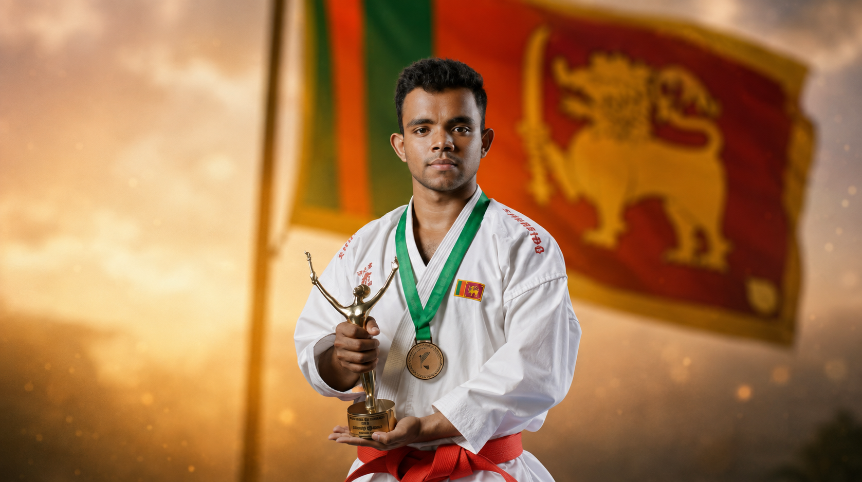Karate athlete holding a trophy and wearing a medal