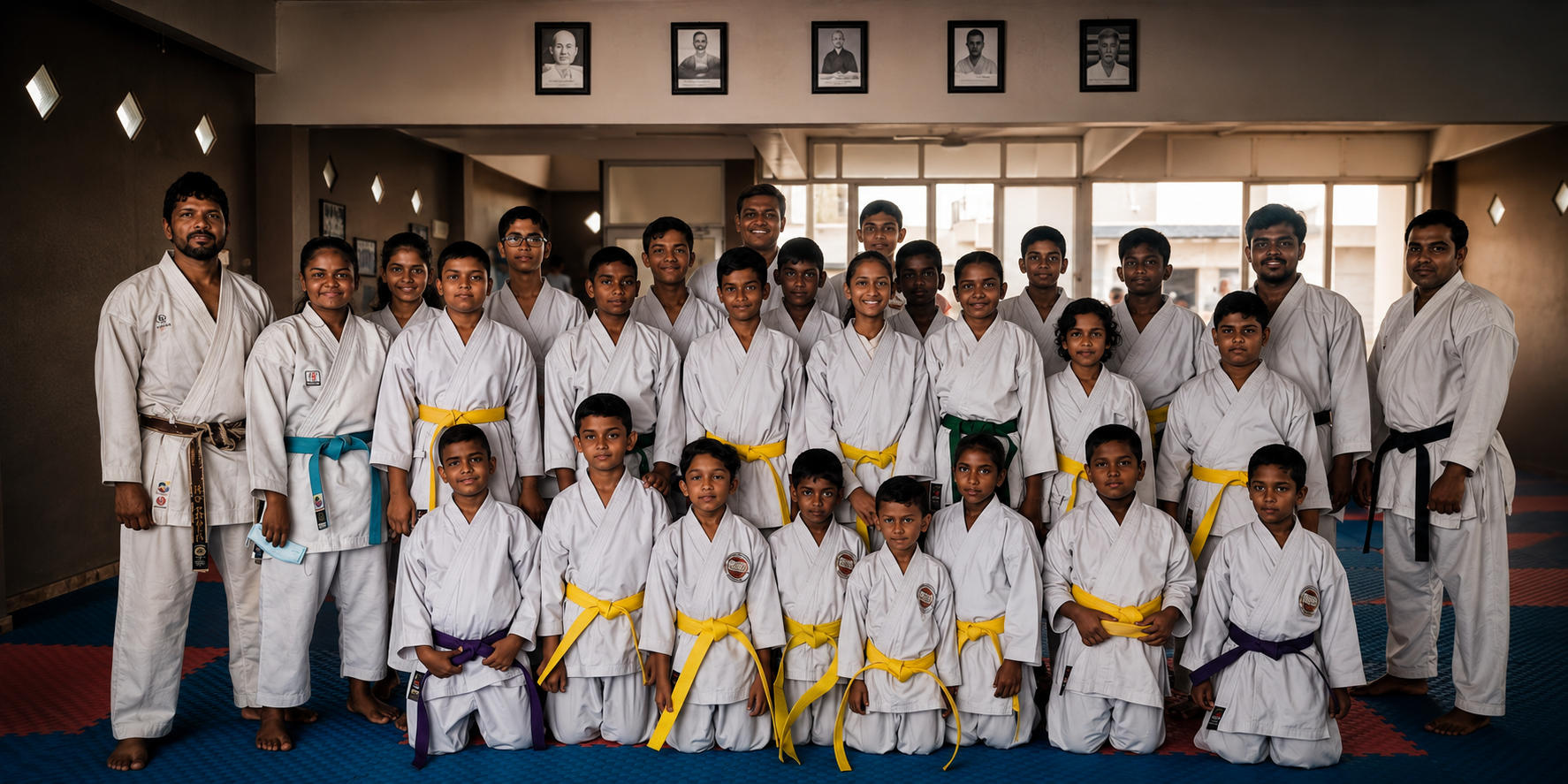 Karate students and instructors gathered in the dojo