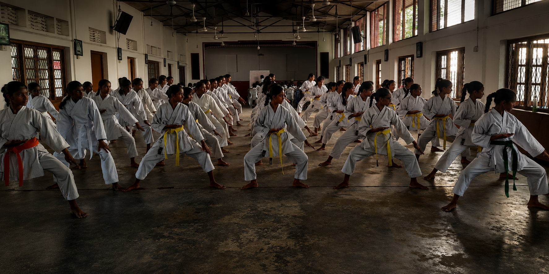 Karate students practising synchronized stances in a training hall