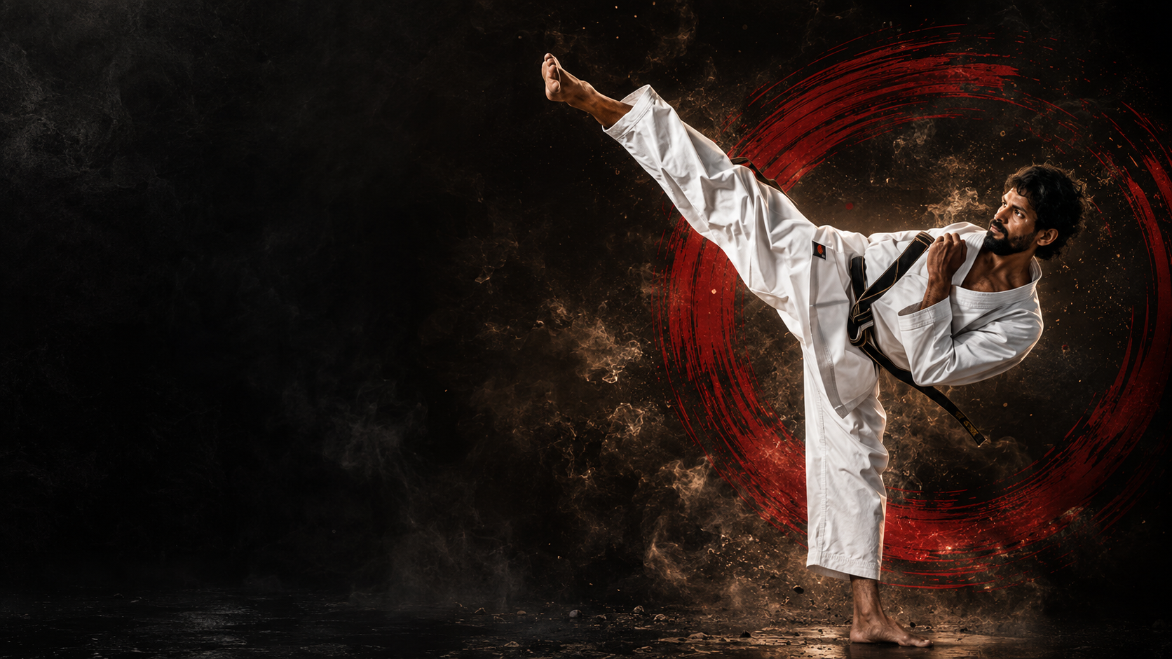 Shihan R.J. Edward performing a high kick in a white gi