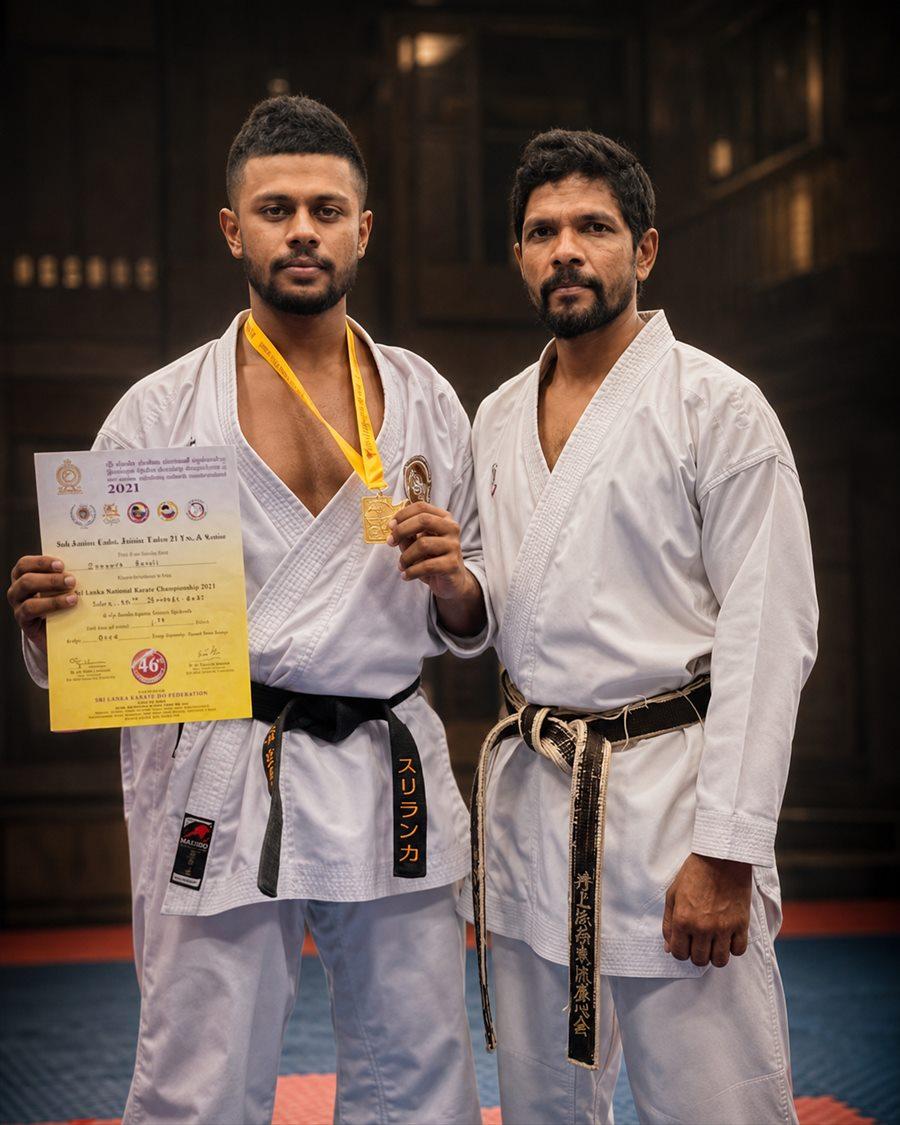 Shihan R.J. Edward beside a national championship gold medallist holding his certificate