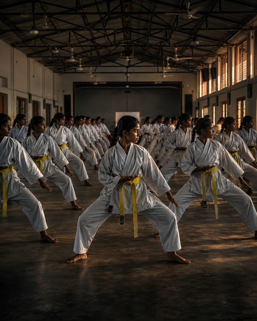 A large class of students training in unison under instruction