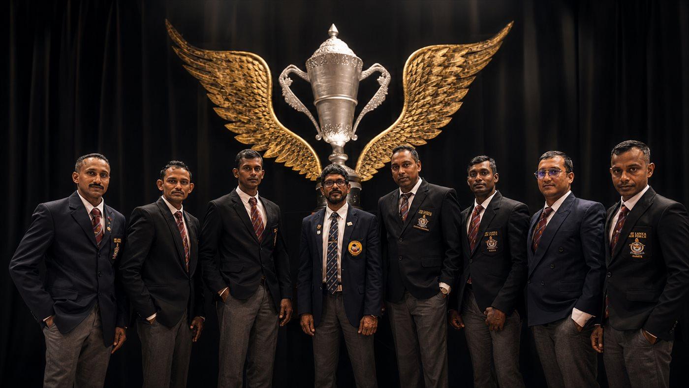 Shihan R.J. Edward with fellow officials before a winged championship trophy