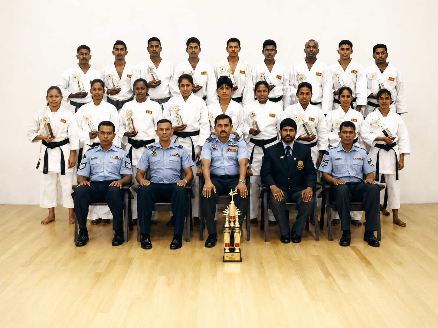 Award-winning karate team posing with their trophies and officials