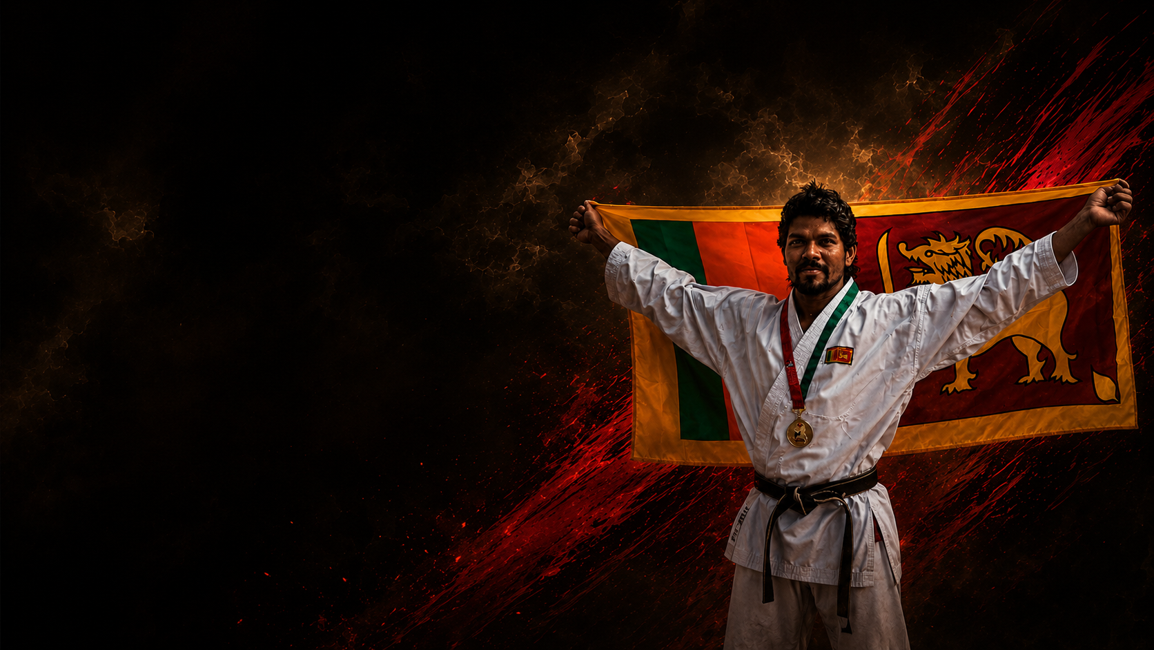 R.J. Edward celebrating with a medal and the Sri Lankan flag