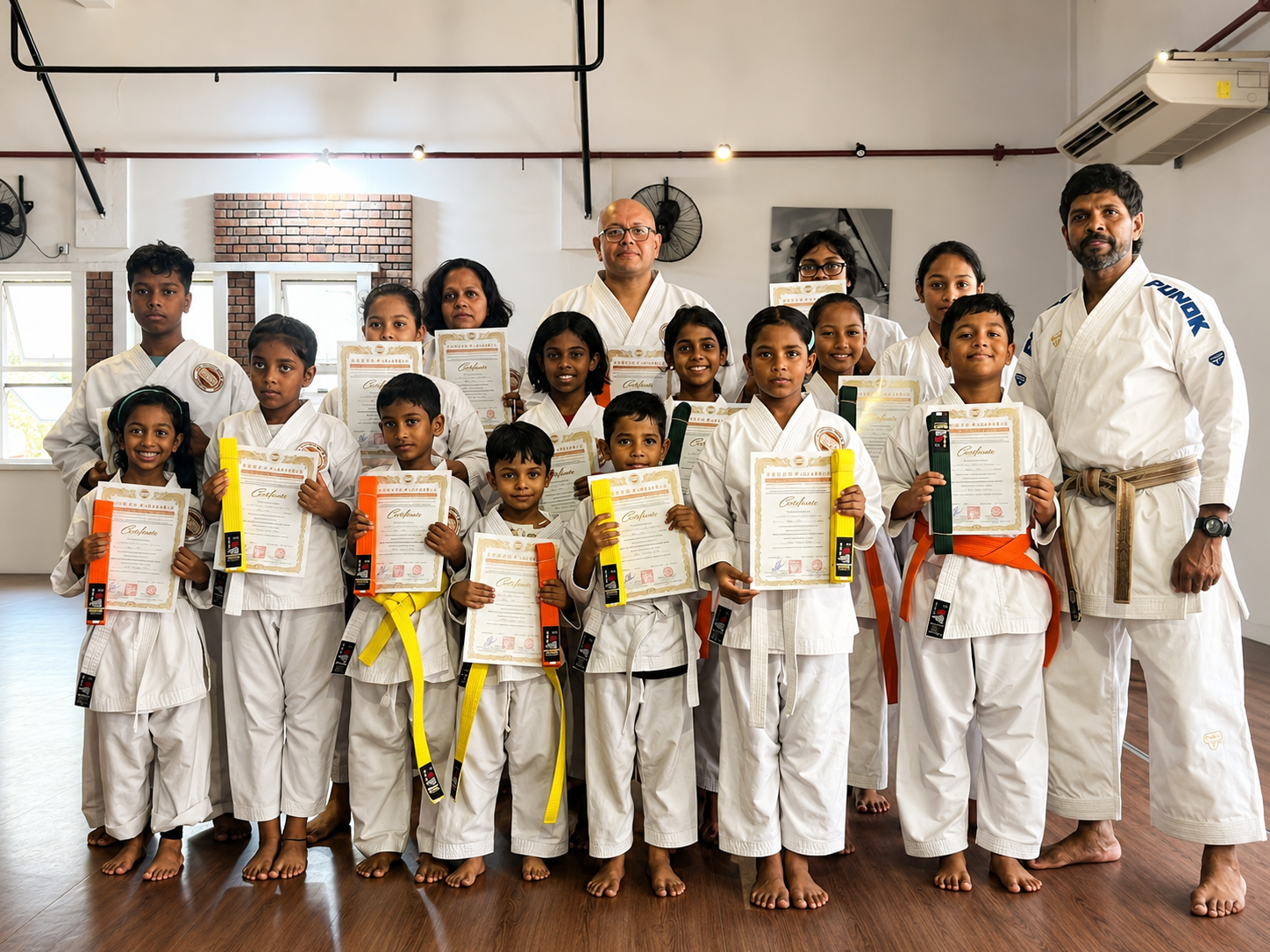Young karate students displaying grading certificates and newly earned belts with their instructors