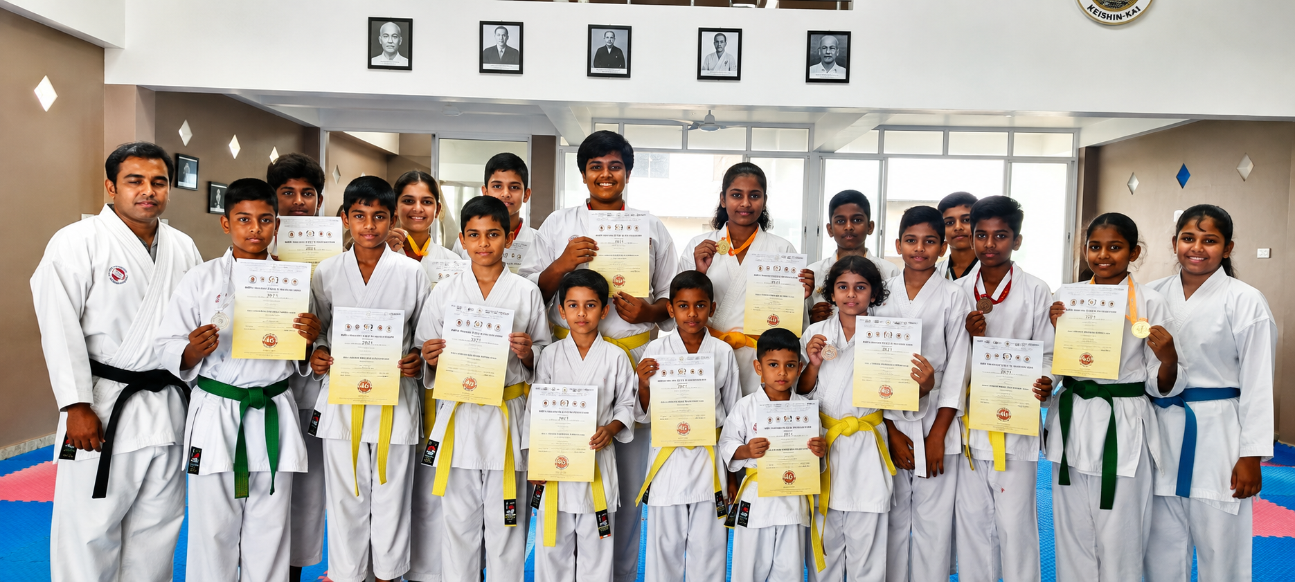 Youth karate team displaying tournament certificates and medals with their instructor
