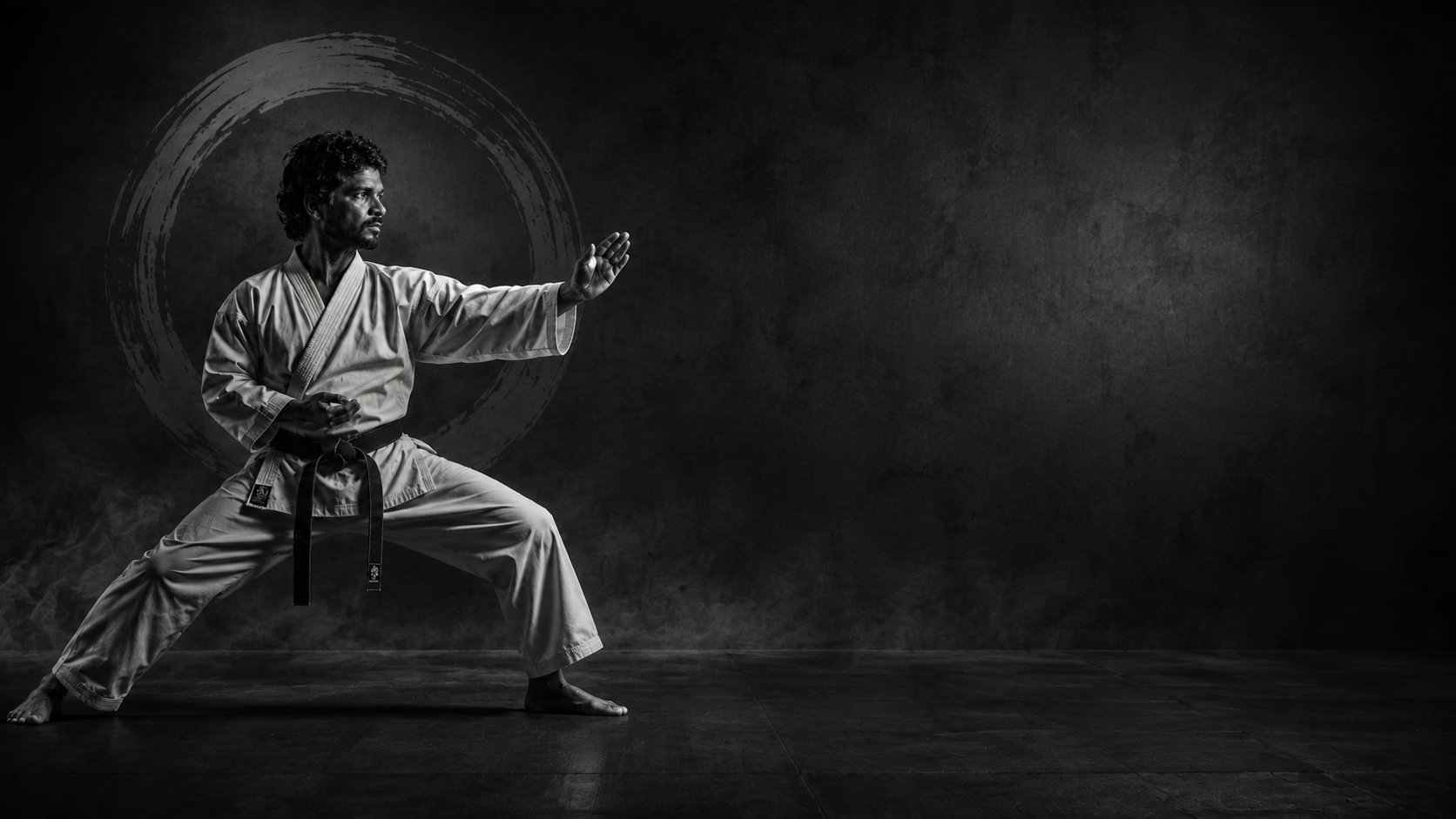 Shihan R.J. Edward holding a kata stance before an enso brush circle