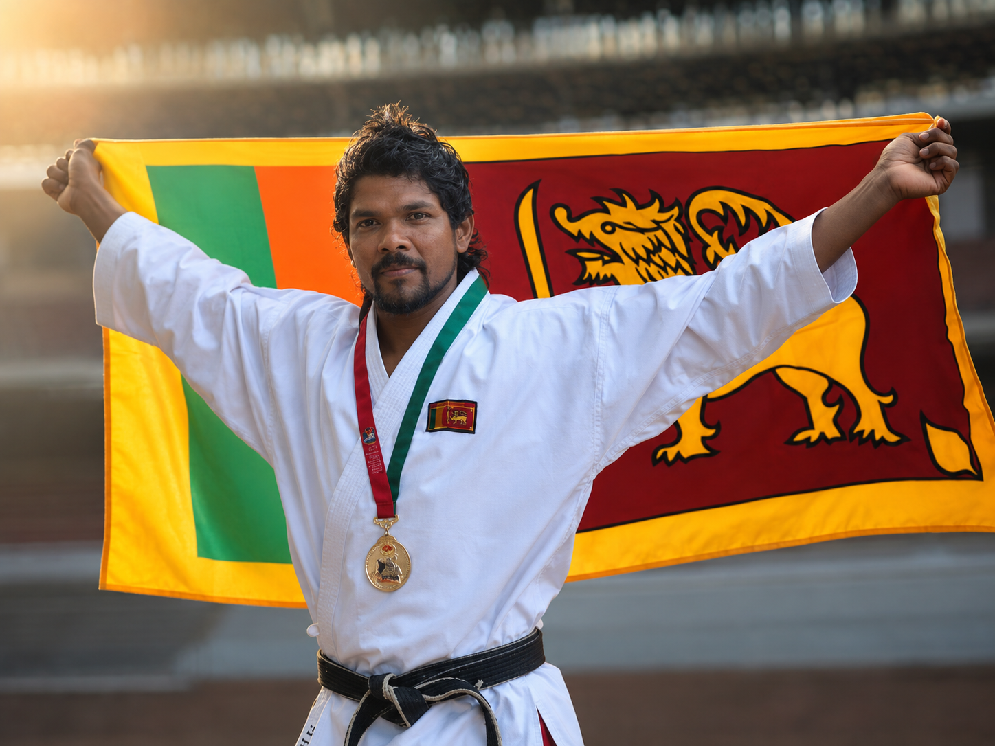 Shihan R.J. Edward holding the Sri Lankan flag with his Asian Games bronze medal