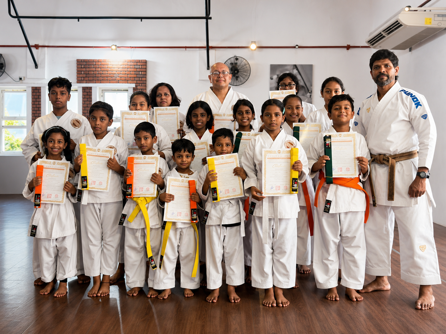 Students of RJ Edward's Karate Training Center holding their grading certificates