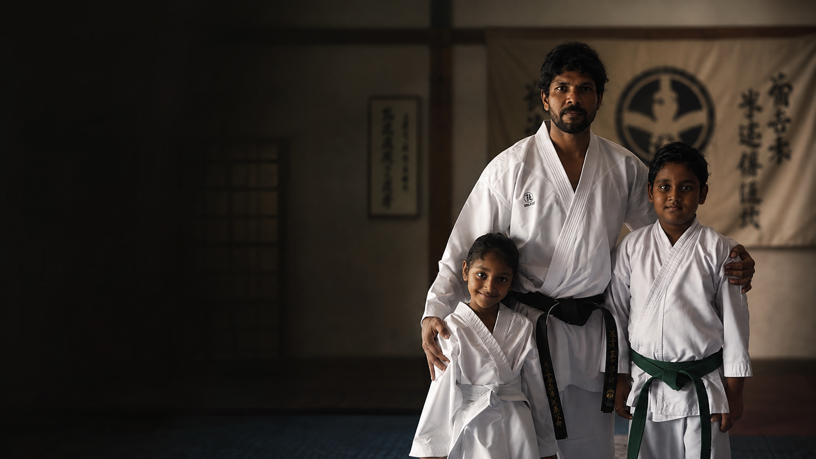 Shihan R.J. Edward standing with two young students in a dojo