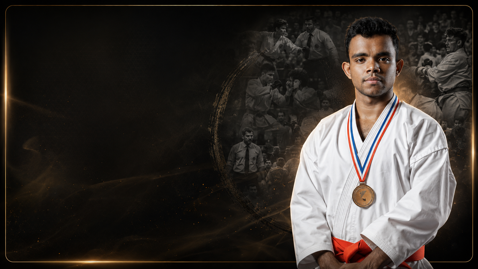 Edward Brion wearing his South Asian Karate Championship medal